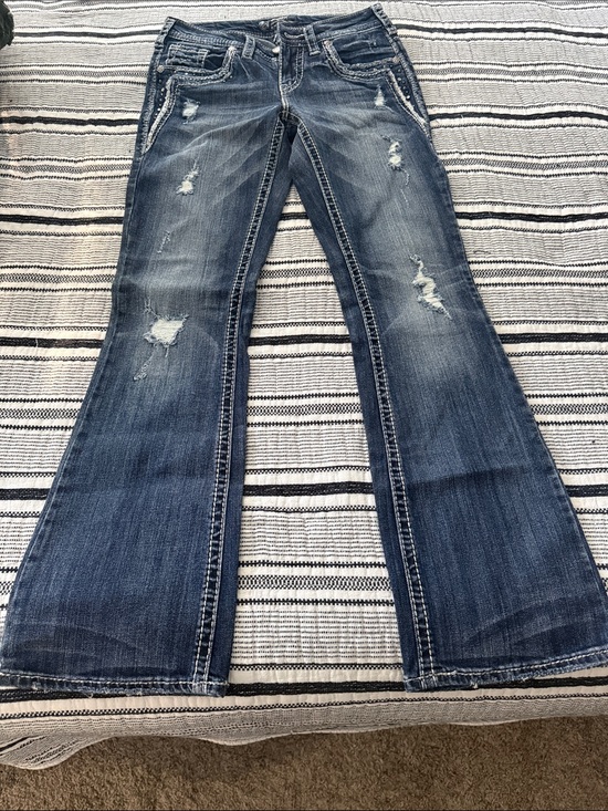 Silver Jeans Denim - Silver Jeans Women's Distressed Flare Jeans - Dark Blue Wash